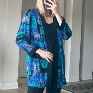 Vintage 80s Blue Abstract Pattern Open Front Jacket, Size 12 M/L